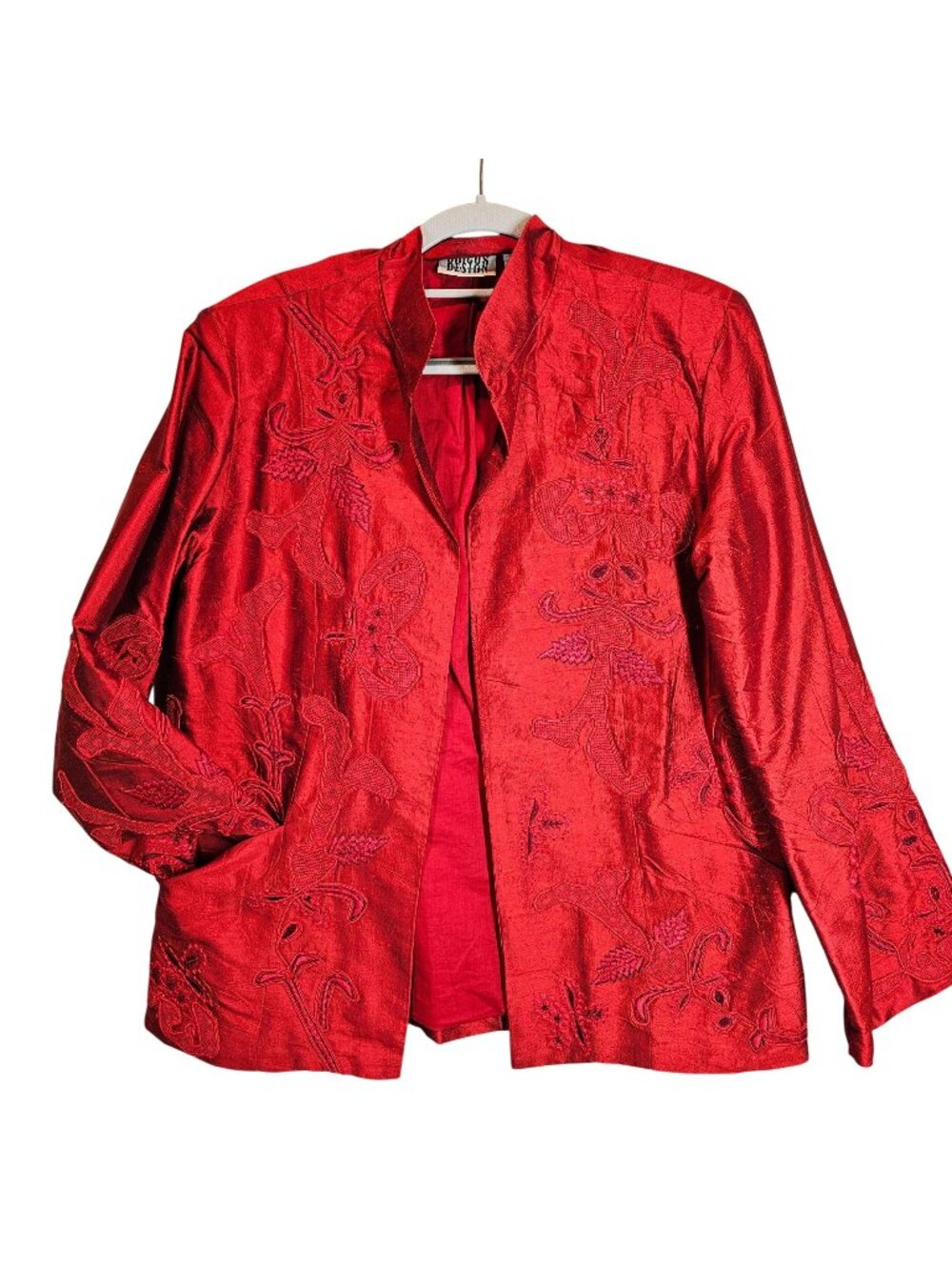Chico's Womens m Silk Embroidered Red Jacket Coat Career Party Open Business